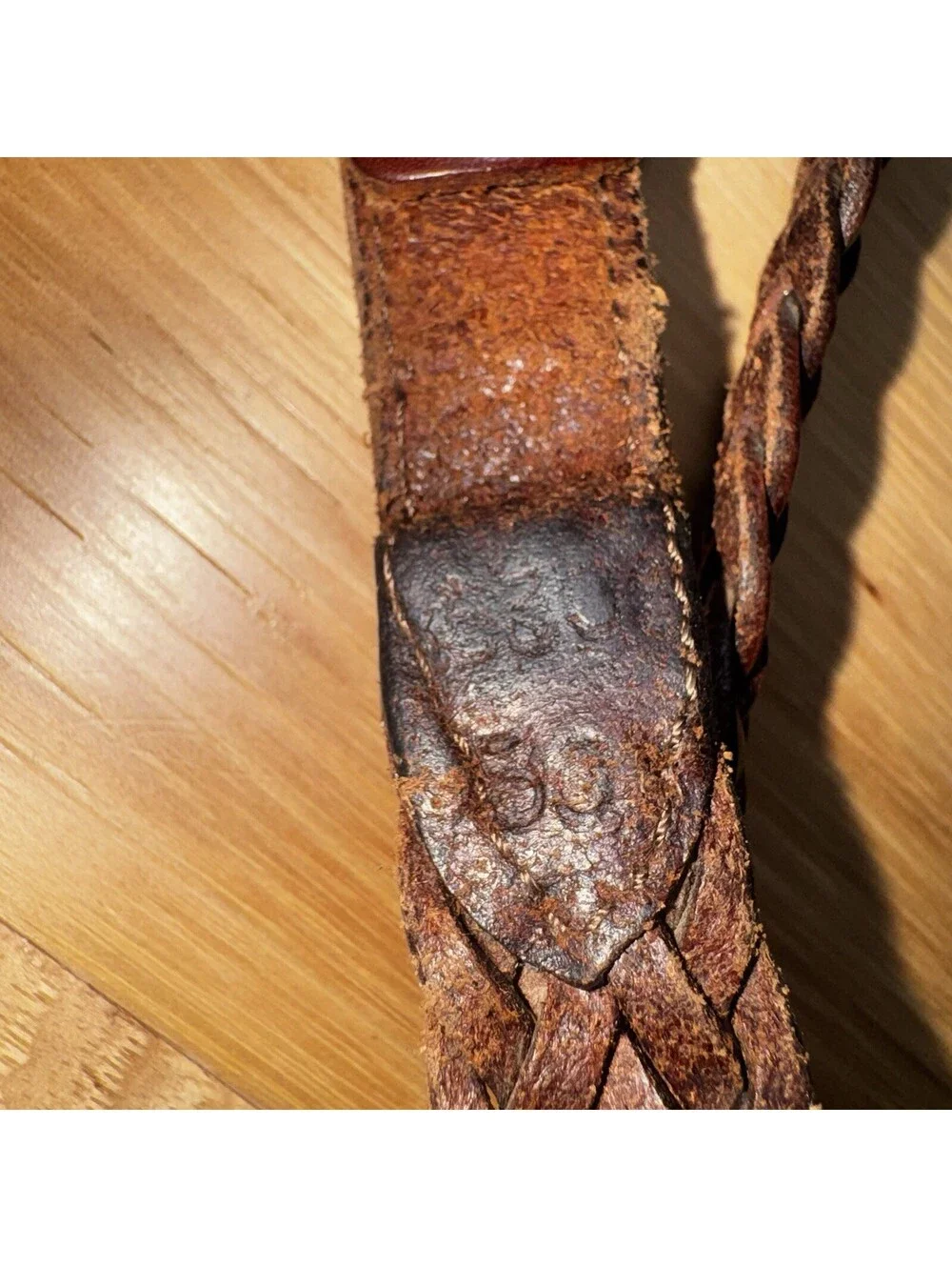 Vintage Leegin Braided Leather Belt Western Tooled Buckle Brown Size L 35”